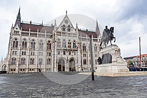 The Hungarian Parliament building on a rainy fall day in Budapest, the capital of Hungary