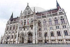 The Hungarian Parliament building on a rainy fall day in Budapest, the capital of Hungary