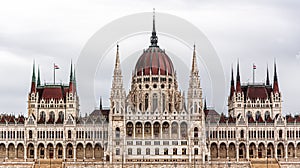 The Hungarian Parliament building on a rainy fall day in Budapest, the capital of Hungary