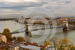 Hungarian Parliament, and the Chain bridge Szechenyi Lanchid, over the River Danube, Budapest, Hungary