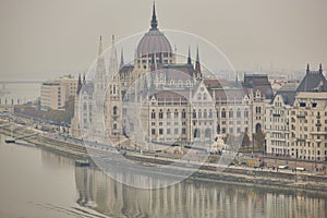 Hungarian parliament and Danube river. Foggy day in Budapest