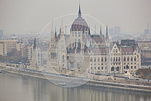 Hungarian parliament and Danube river. Foggy day in Budapest