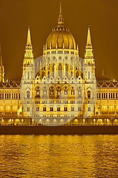 Hungarian parliament and Danube river by night in Budapest