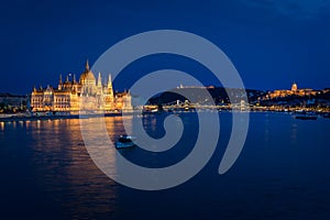 Hungarian Parliament and Danube River at night, Budapest, Hungary