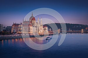 Hungarian Parliament, Danube River and Szechenyi Chain Bridge at night - Budapest, Hungary