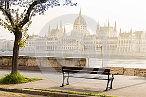 Hungarian parliament, embankment of Danube river, Budapest, Hungary, Europe