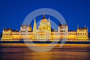 Hungarian Parliament during blue hour, view from across the Danube river, Budapest, Hungary