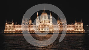 The Hungarian Parliament next to Danube river in Budapest at night