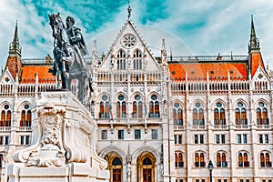 Hungarian Parliament  with statue Andrassy Gyvla. Budapest