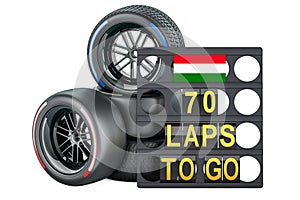 Hungarian racing, pit board with flag of Hungary and racing wheels with different compounds type tyres. 3D rendering