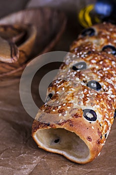 Hungarian a round loaf with olives and cheese