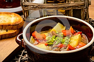 Hungarian soup goulash with meat and vegetables.