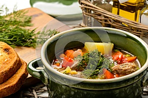 Hungarian soup goulash with meat and vegetables.