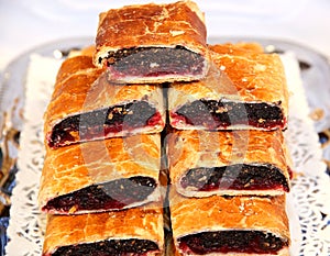 Hungarian specialty stuffed strudel with poppy seeds
