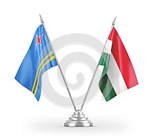 Hungary and Aruba table flags isolated on white 3D rendering