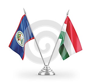 Hungary and Belize table flags isolated on white 3D rendering