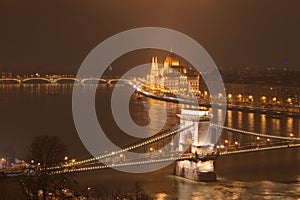 Hungary, Budapest, Chain bridge and Hungarian Parliament Building - night picture