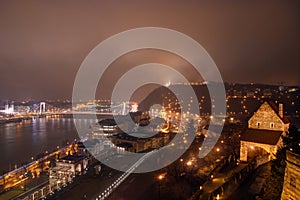 Hungary, Budapest, Elisabeth Bridge, Castle Garden , Varkert casino, Citadella on the hill and Gate in the Castle Buda by night