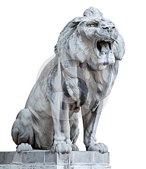 Hungary. Budapest. A large stone lion, growls open its mouth