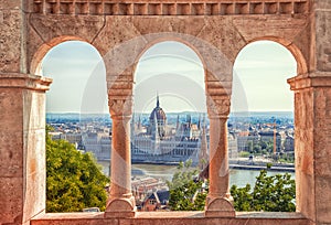 Hungary. Budapest. Parliament view through Fishermans Bastion.