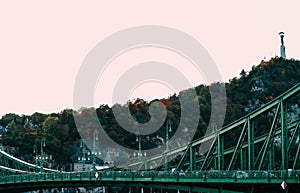 Hungary, Budapest, part of the green Liberty bridge. European old city bridge exterior, liberty statue on the background.