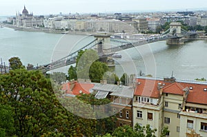 Hungary, Budapest, views of the Chain Bridge from Castle Hill