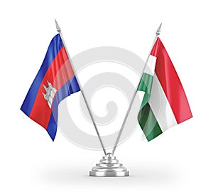 Hungary and Cambodia table flags isolated on white 3D rendering