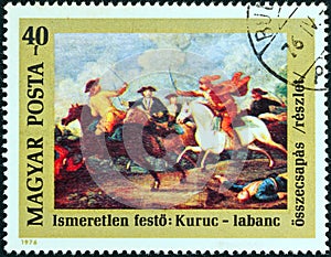 HUNGARY - CIRCA 1976: A stamp printed in Hungary shows the clash between Rakoczi`s Kuruts and Hapsburg Soldiers, circa 1976.