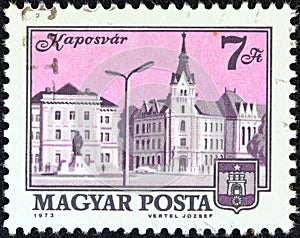 HUNGARY - CIRCA 1973: A stamp printed in Hungary shows a view of Kaposvar, circa 1973.
