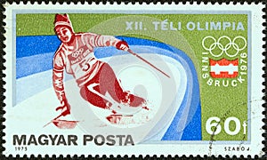 HUNGARY - CIRCA 1975: A stamp printed in Hungary shows Slalom skiing, circa