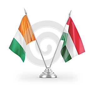 Hungary and Cote d\'Ivoire Ivory coast table flags isolated on white 3D rendering