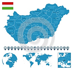 Hungary - detailed blue country map with cities, regions, location on world map and globe. Infographic icons