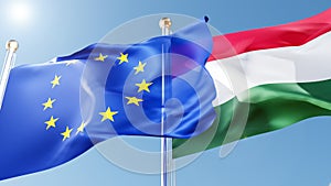 hungary and eu flags waving in the wind against a blue sky. hungarian, european union symbols 3d rendering