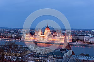 Hungary, evening twilight in Budapest, parliament on the background of night city lights, cityscape