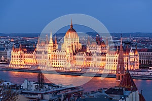 Hungary, evening twilight in Budapest, parliament on the background of night city lights, cityscape