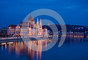 Hungary, evening twilight in Budapest, parliament on the background of night city lights, cityscape