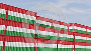 Hungary flag containers are located at the container terminal. Concept for Hungary import and export 3D