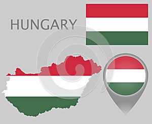 Hungary flag, map and map pointer
