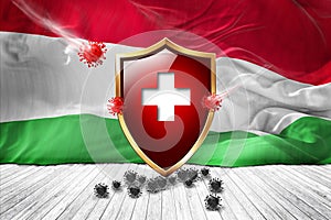 Hungary flag with Metal Shiny red shield. virus protection, hygiene shield. virus Vaccine Protection aganst coronavirus, Health