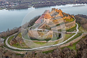 Hungary - The Historical Visegrad Castle near Danube river from drone view at sunrise