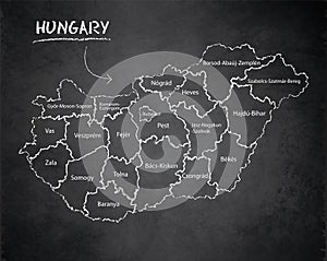 Hungary map administrative division, separates regions and names individual region, design card blackboard chalkboard
