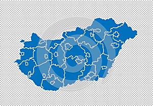 Hungary map - High detailed blue map with counties/regions/states of hungary. nepal map isolated on transparent background