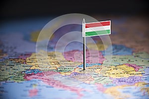 Hungary marked with a flag on the map photo
