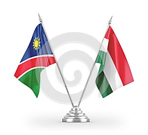 Hungary and Namibia table flags isolated on white 3D rendering