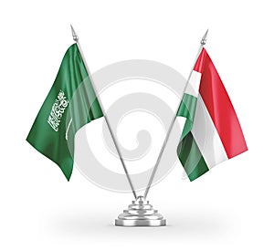 Hungary and Saudi Arabia table flags isolated on white 3D rendering