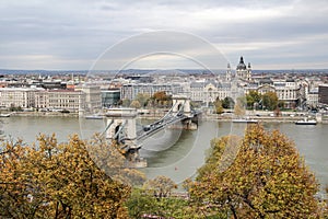 Hungary, view on the Budapest city, Szechenyi Chain Bridge and