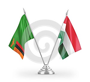 Hungary and Zambia table flags isolated on white 3D rendering