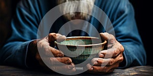 Hunger depicted empty bowl held by elderly hands, selective focus underscores destitution