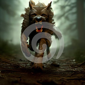 Hunger, scarey wolf is running. Red eyed, beast animal with big teeth. AI generative photo