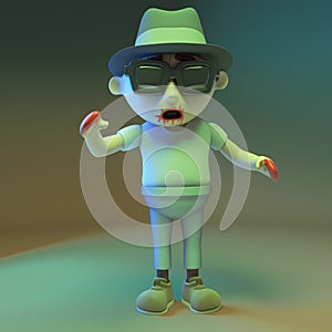 Hungover zombie monster wearing dark glasses and a trilby hat, 3d illustration